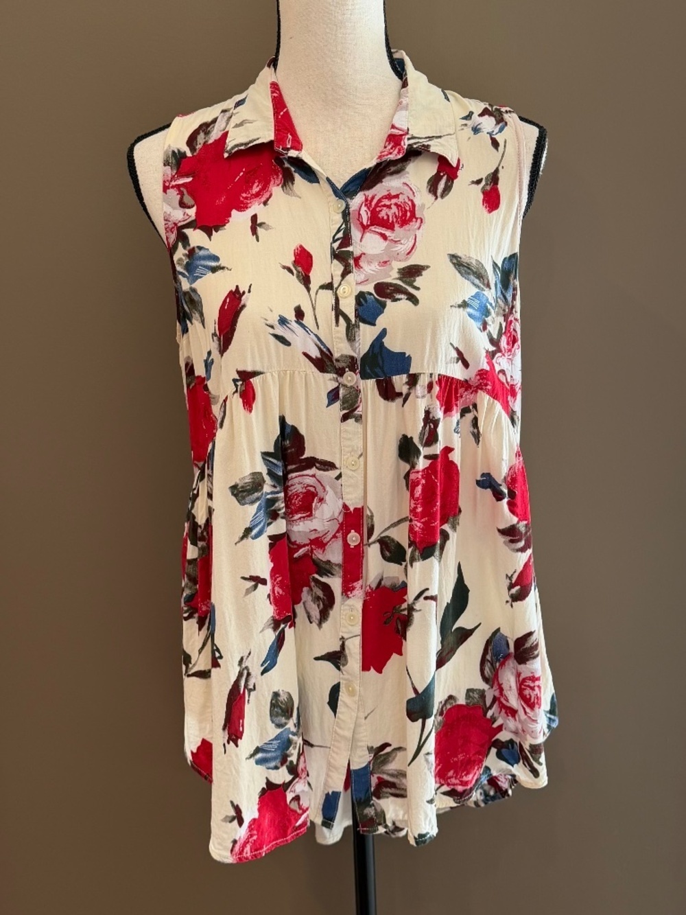 Umgee Rose Tunic Floral Top, Button Down, Cream & Red, Size Large